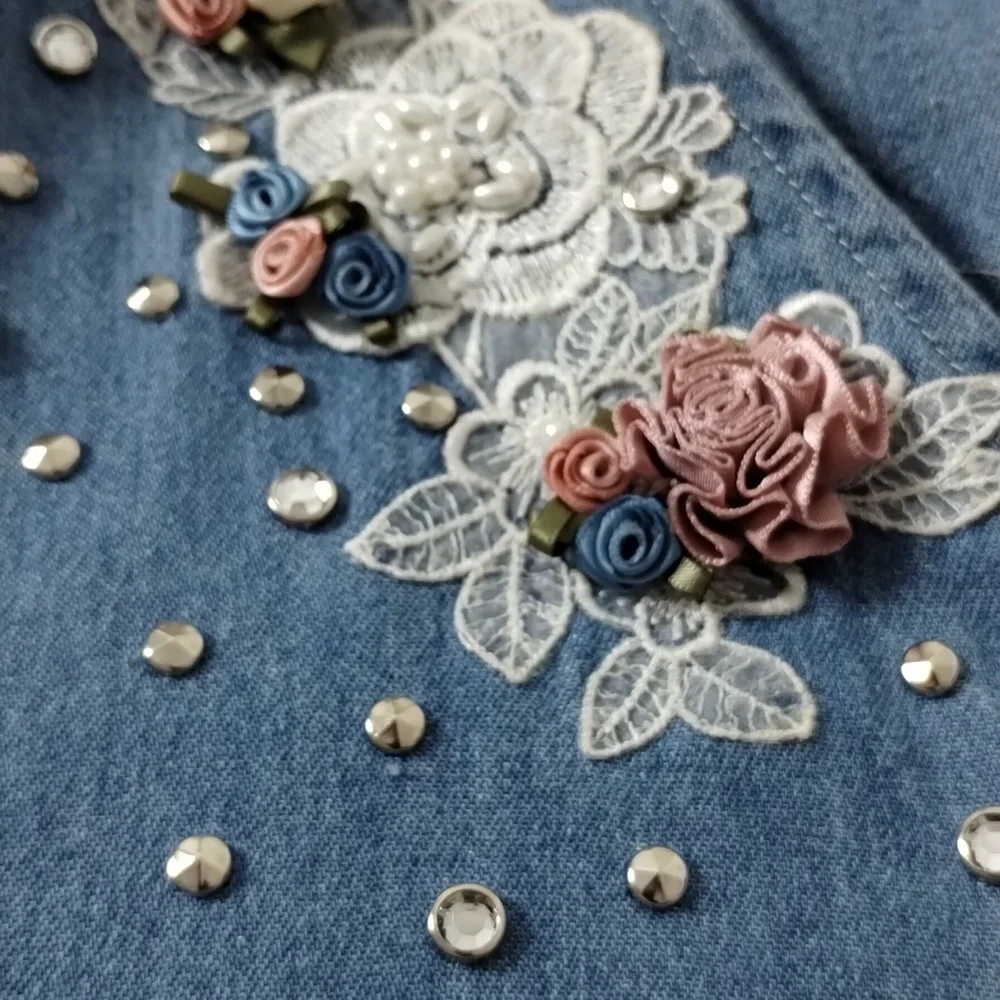Vintage 80's 2X Spot Light Floral Embellished Cottagecore Grannycore Denim Dress